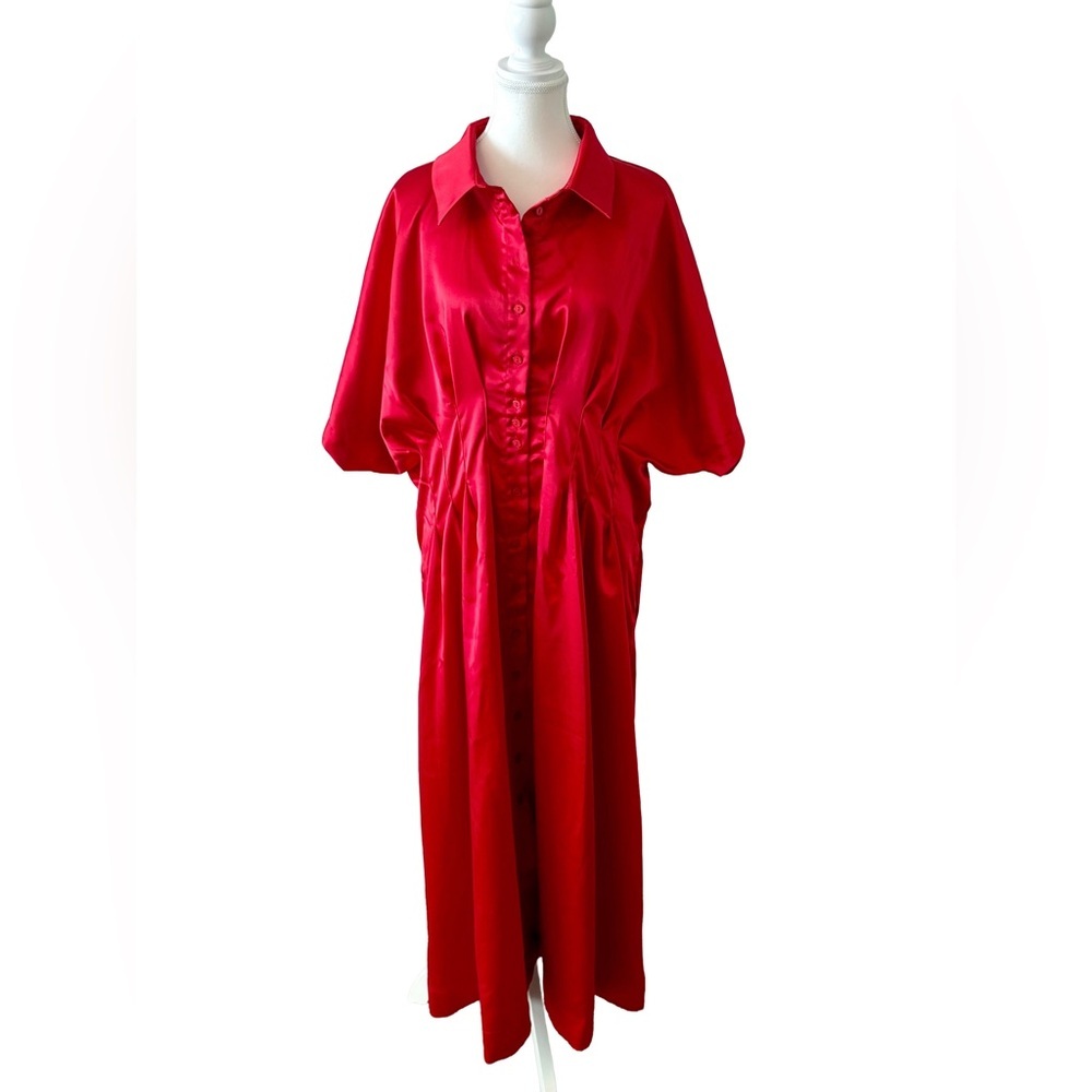 Red Satin Button-Front Midi Dress